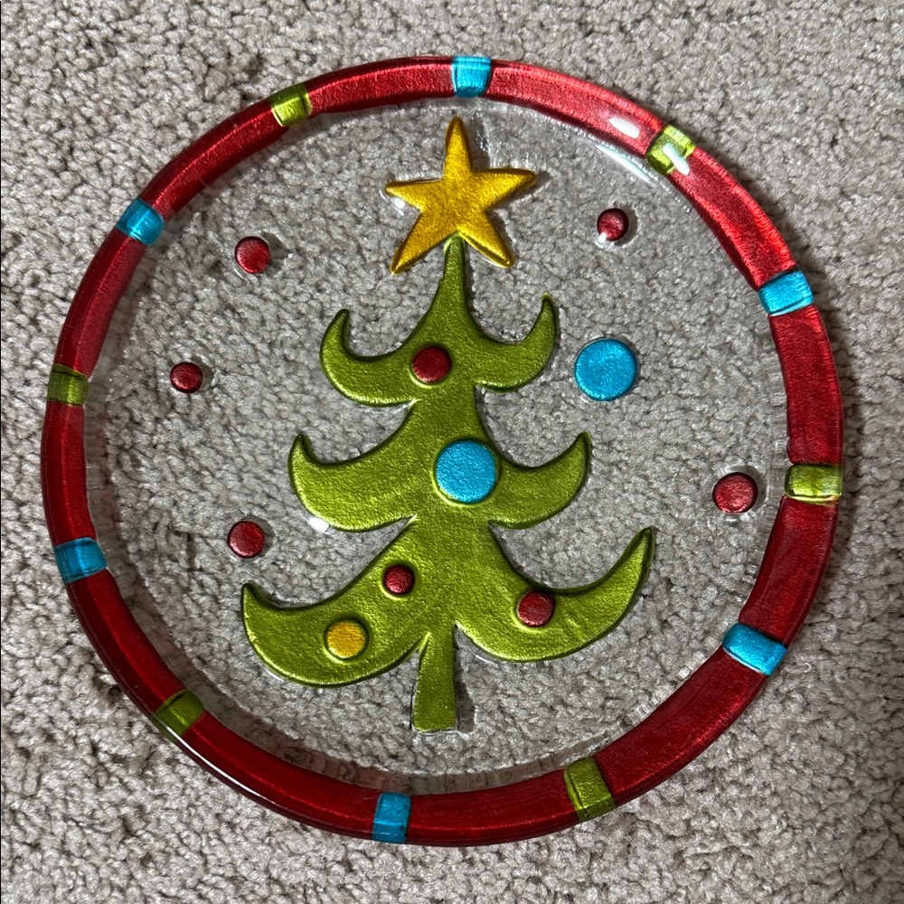 Festive Glass Holiday Plate with Christmas Tree Design by Lori Siebert